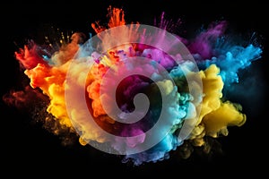 Exploding colour powder in rainbow colours on a black background