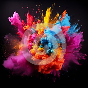 Exploding colour powder in rainbow colours on a black background