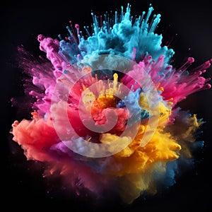 Exploding colour powder in rainbow colours on a black background