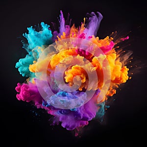 Exploding colour powder in rainbow colours on a black background