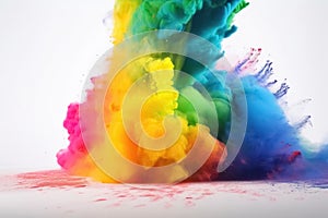 Exploding colour powder in rainbow colours on a white background created with generative AI technology