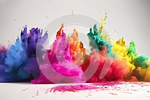 Exploding colour powder in rainbow colours on a white background created with generative AI technology