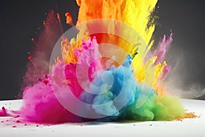 Exploding colour powder in rainbow colours on a white background created with generative AI technology