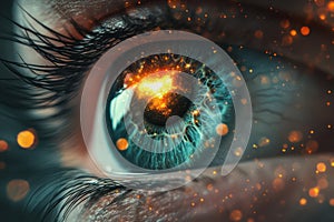 Exploding cosmos reflected in photorealistic human eye close-up