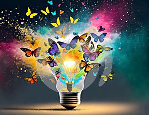 Exploding creativity. with light bulb exploding in colorful colors,Creative idea