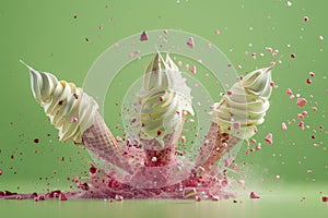 Exploding delight matcha ice cream cones in a dynamic dance of flavors and colors photo
