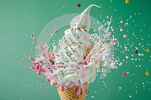 Exploding delight matcha ice cream cones in a dynamic dance of flavors and colors photo