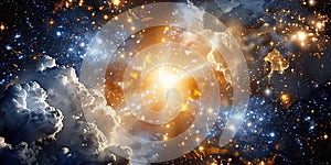 Exploding galaxies in a cosmic scene with vibrant colors and bright stars refractive coloration photo