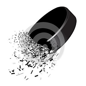 Exploding hockey puck with flying particles on a white background. Vector
