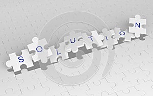 Exploding jigsaw puzzle pieces with solution word. White pattern