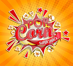 Exploding label for popcorn on sunburst background