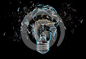 Exploding light bulb on a blue background,