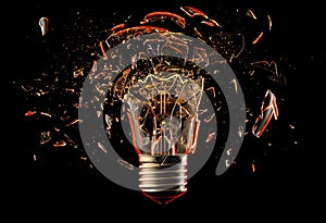 Exploding light bulb on a blue background,