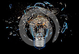 Exploding light bulb on a blue background,