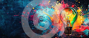 Exploding Light Bulb with Colorful Paint Splash. Generative ai