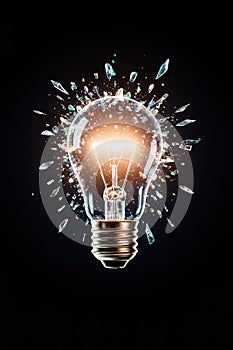 Exploding light bulb concept on dark background.created with the help of artificial intelligence