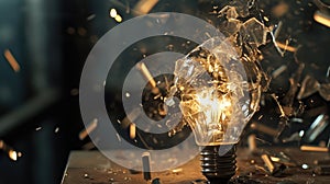 Exploding Light Bulb with sparks and fragments flying in Dark Room, copy space