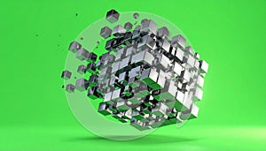 Exploding Metallic Cube on a Green Background