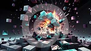 Exploding Minecraft colorful cubes. Minecraft blocks. Minecraft textures and cubes. Minecraft world. Generative AI