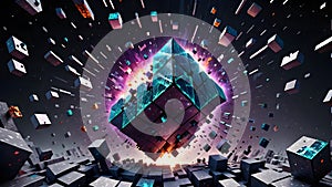 Exploding Minecraft colorful cubes. Minecraft blocks. Minecraft textures and cubes. Minecraft world. Generative AI