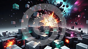 Exploding Minecraft colorful cubes. Minecraft blocks. Minecraft textures and cubes. Minecraft world. Generative AI