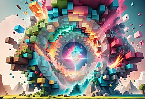 Exploding Minecraft colorful cubes paint and splashes. Minecraft colorful blocks. Minecraft world. Digital AI