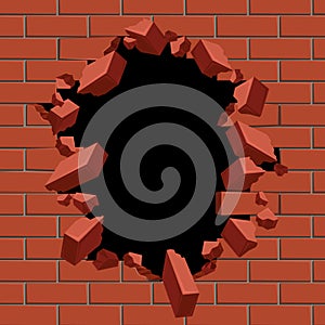 Exploding out hole in red brick wall vector illustration