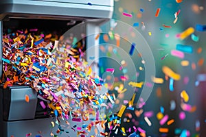 Exploding paper shredder with vibrant flying fragments