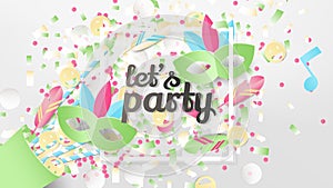 Exploding party confetti popper with white square frame, paper art/paper cutting style, Rio carnival theme, pastel green tone