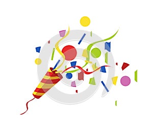 Exploding party popper with serpantin and serpantinom on white background . vector