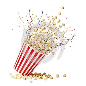 Exploding popcorn bucket isolated on transparent background