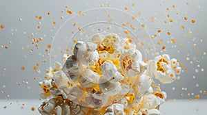 Exploding popcorn kernels with salt on light background