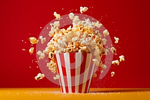Exploding Popcorn In A Striped Bucket With Dynamic Motion On Red Background. Generative AI