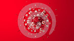 Exploding Red and White Gift Boxes on Red Background