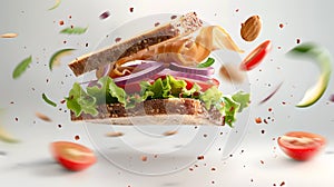 Exploding sandwich with ingredients suspended in mid-air. Dynamic, clean background. Ideal for food advertising. AI