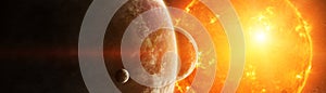 Exploding sun in space close to planet 3D rendering elements of