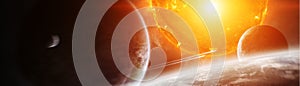 Exploding sun in space close to planet 3D rendering elements of
