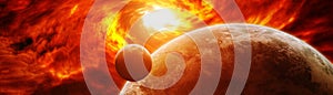 Exploding sun in space close to planet 3D rendering elements of