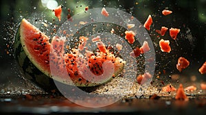 Watermelon slice exploding with seeds juice