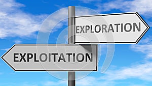 Exploitation and exploration as a choice, pictured as words Exploitation, exploration on road signs to show that when a person