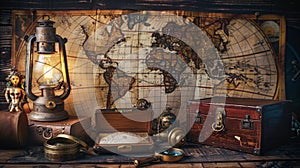 Exploration, adventure and treasure hunt background, vintage map, kerosene lamp, golden coins on wooden table. Columbus