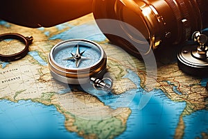 Exploration essentials map compass and camera. travel geography navigation concept background