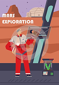 Exploration of Mars with futuristic equipment in flat vector illustration