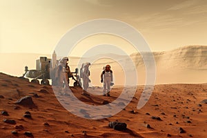 exploration team on the surface of mars, with distant view of the red planet in the background