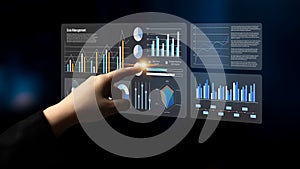 Futuristic Data Management Interface with Interactive Touch Screen Display Featuring Graphs, Charts, Analytics, and User