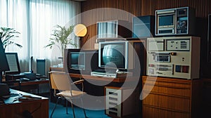 Explore the aesthetic of a retro risk assessment center featuring vintage technology and scientific equipment photo