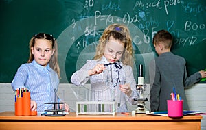 Explore biological molecules. Future technology and science concept. Children study biology or chemistry school. School