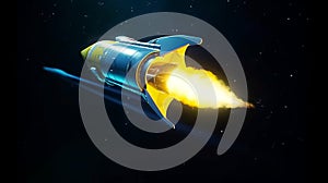 Vibrant Yellow Rocket in Space: Hyperrealistic Full Shot with Glowing Blue Engines and Galaxy Reflection, Generative AI photo