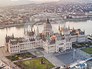 Explore Budapest from Above Aerial View of Hungarian Parliament Building and Danube River in Cityscape from a Drone Point of View