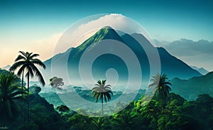 Explore the Captivating Digital Art of a Jungle Oasis, Palm Trees, and Majestic Mountains.